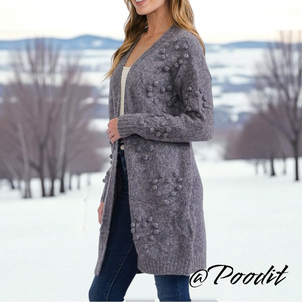 DOE & RAE Pom Pom accent open front cardigan S M L - Picture 3 of 8